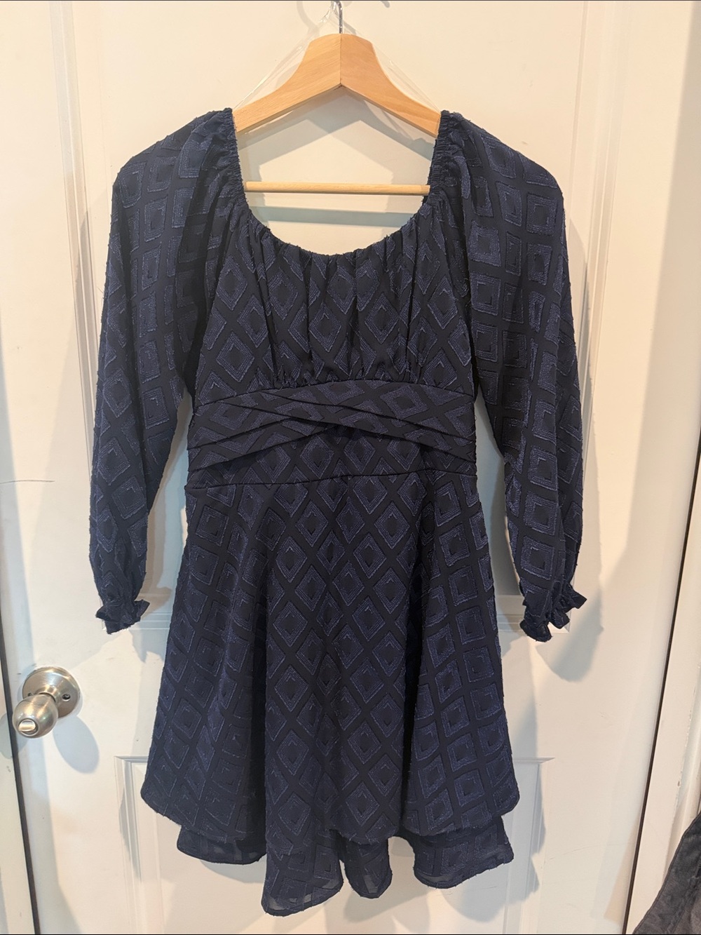 Speechless Navy Blue Textured Long Sleeve Formal Dress